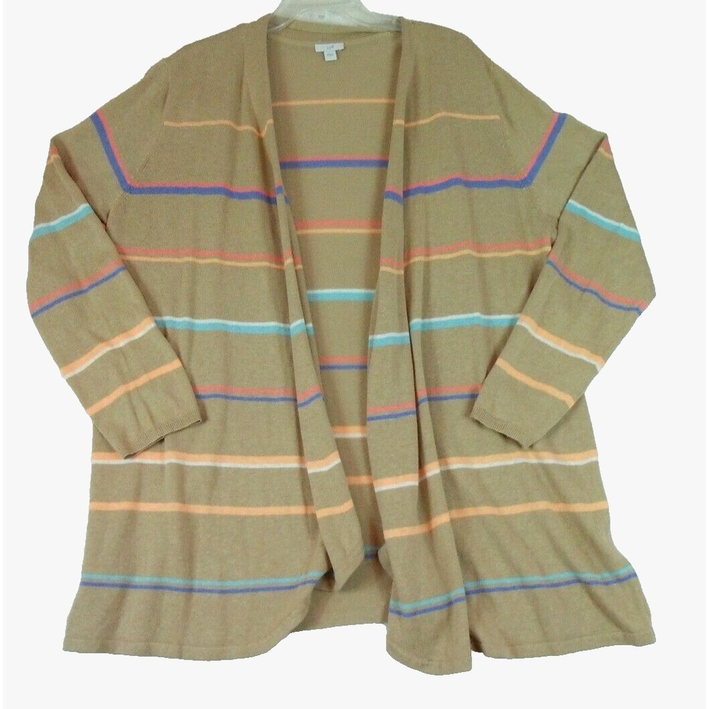 J. Jill Womens‎ Large Linen Blend Striped Open Front Cardigan Sweater Tan Multi